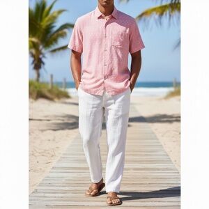 NWT Tommy Bahama Hawaiian Shirt  Pink Palm Trees Resort Beach Coconut Point M